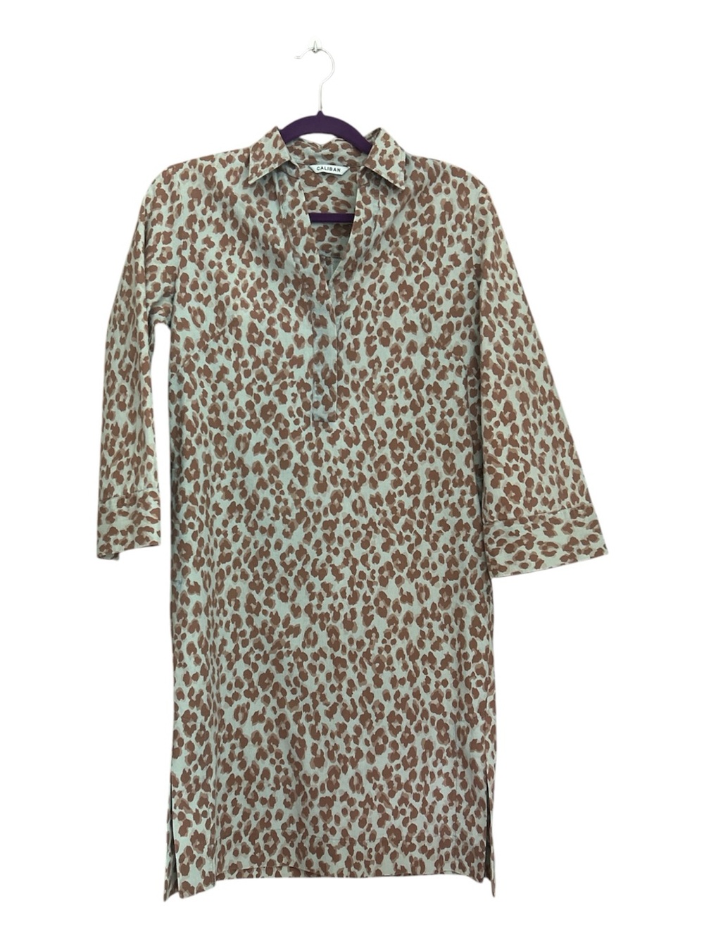 Caliban Leopard Print Popover Shirt Dress Tunic Blue Brown Size 40 (US Small)